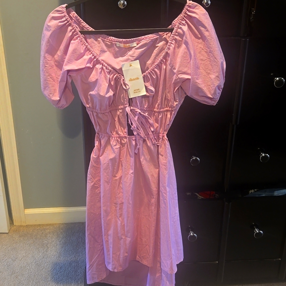 NWT Shasa Purple Lilac Puff Sleeve Cut Out Mini Dress Size Medium Tie Bow
